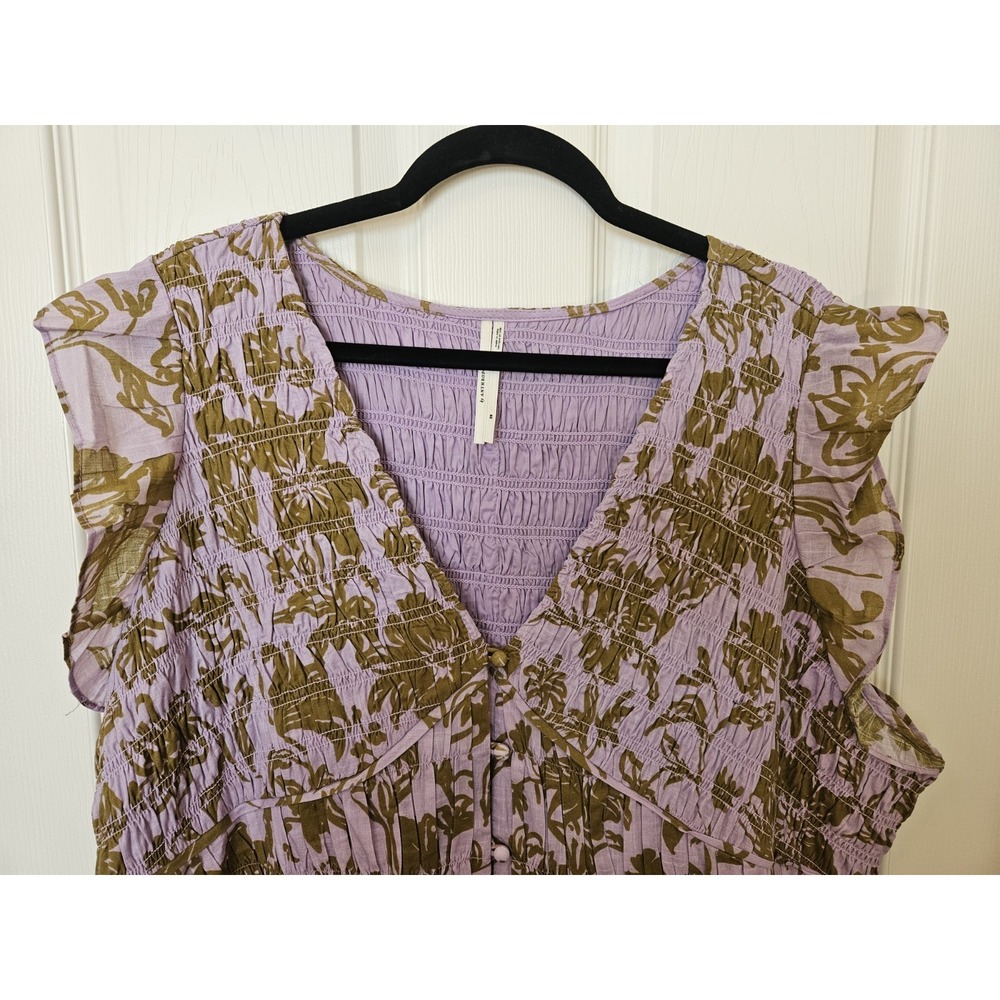 Anthropologie Peregrine Purple Green V-Neck Button Front Smocked Midi Dress 2X - Picture 2 of 10